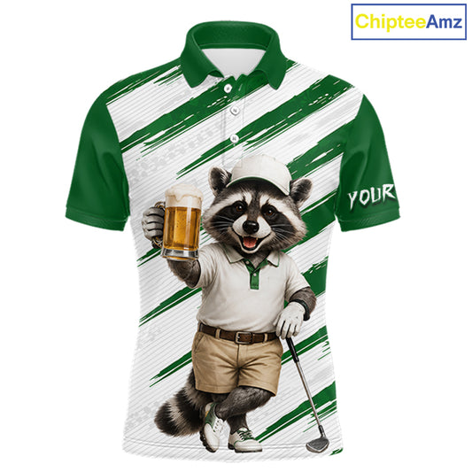 Custom Funny Beer Raccoon Golf Jersey For Mens, Mens Golf Polo Shirt Black Beige Golf Jersey NHT936