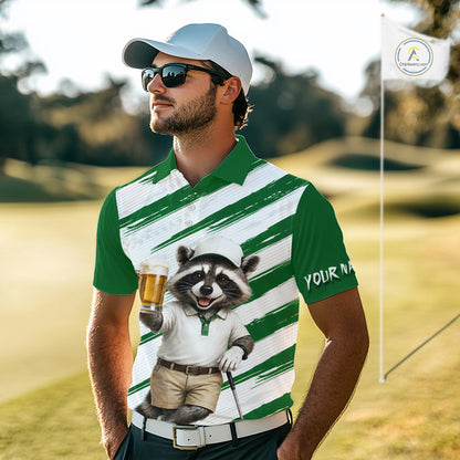 Custom Funny Beer Raccoon Golf Jersey For Mens, Mens Golf Polo Shirt Black Beige Golf Jersey NHT936