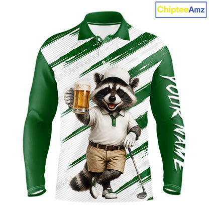 Custom Funny Beer Raccoon Golf Jersey For Mens, Mens Golf Polo Shirt Black Beige Golf Jersey NHT936