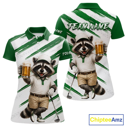 Custom Funny Beer Raccoon Golf Jersey For Womens, Womens Golf Polo Shirt Black Beige Golf Tournament NHT936
