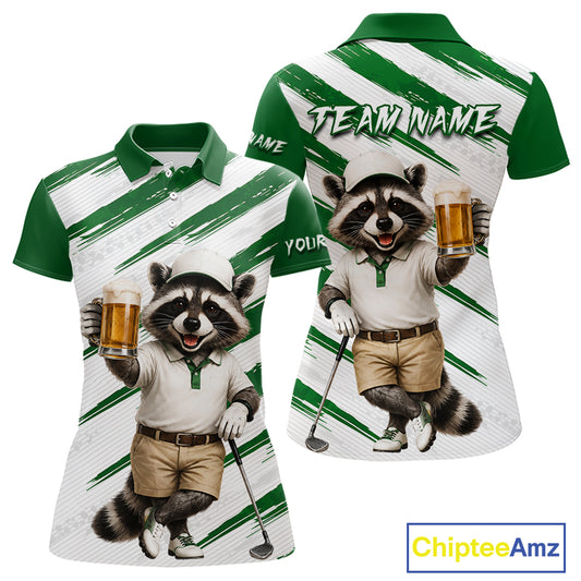 Custom Funny Beer Raccoon Golf Jersey For Womens, Womens Golf Polo Shirt Black Beige Golf Tournament NHT936