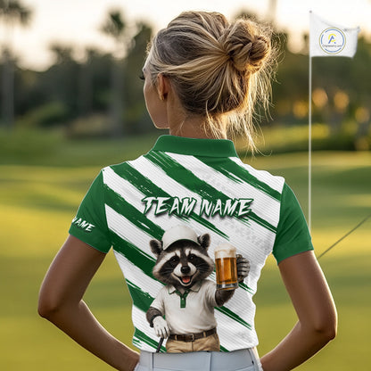 Custom Funny Beer Raccoon Golf Jersey For Womens, Womens Golf Polo Shirt Black Beige Golf Tournament NHT936
