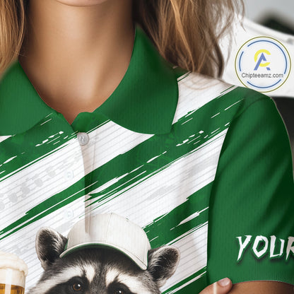 Custom Funny Beer Raccoon Golf Jersey For Womens, Womens Golf Polo Shirt Black Beige Golf Tournament NHT936