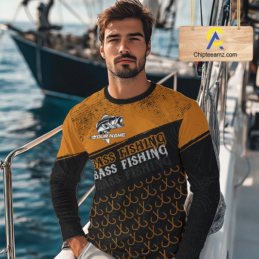 Personalized Largemouth Bass Fishing Jerseys, Orange Bass Fishing Shirts Long Sleeve Tournament Shirts NHT567