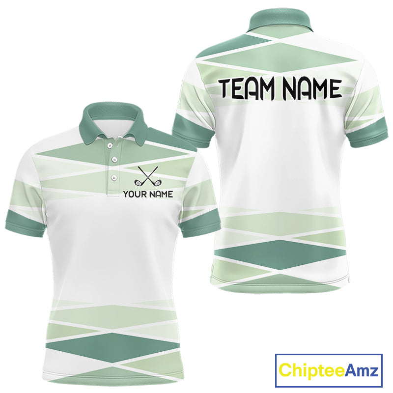 Personalized white green geometric golf polo shirt for men with custom team name