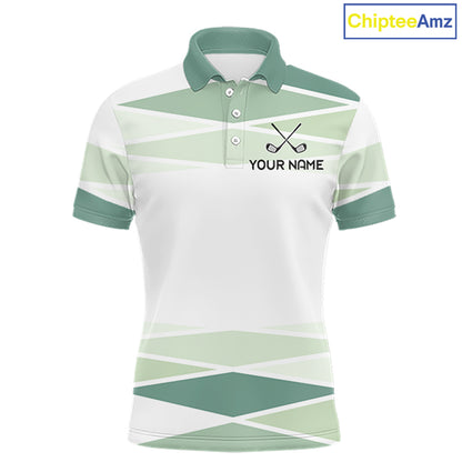 Personalized white green geometric golf polo shirt for men with custom team name