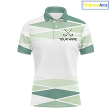 Load image into Gallery viewer, Personalized white green geometric golf polo shirt for men with custom team name