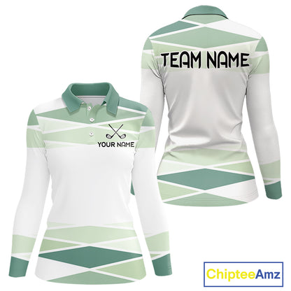 Personalized White Green Geometric Golf Polo Shirt  Custom Team Name