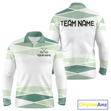 Load image into Gallery viewer, Personalized white green geometric golf polo shirt for men with custom team name