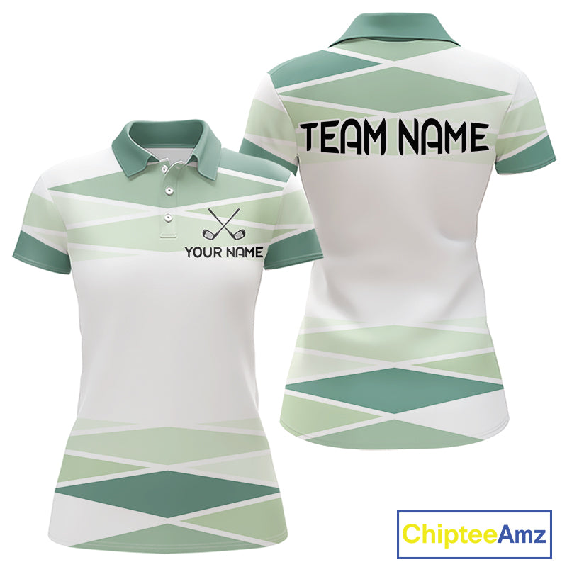 Personalized White Green Geometric Golf Polo Shirt  Custom Team Name