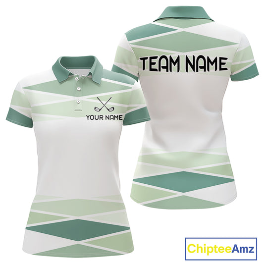 Personalized White Green Geometric Golf Polo Shirt  Custom Team Name