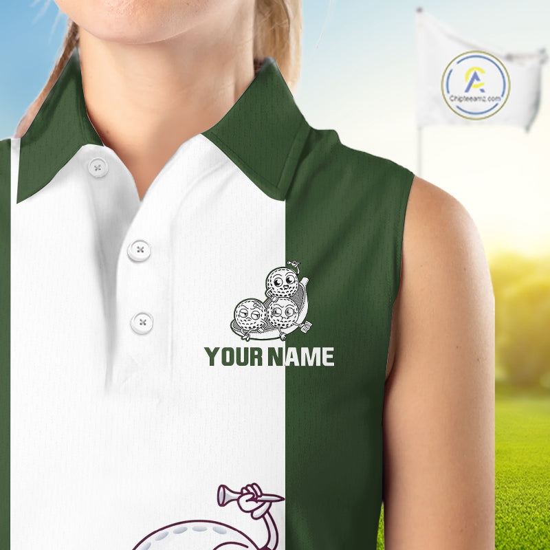 Custom Green White Sleeveless Womens Golf Team Polo Shirt, Funny Golf Ball Family Design, Matching Team Outfit NHT789