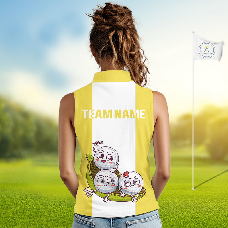 Custom Yellow White Sleeveless Womens Golf Team Polo Shirt, Funny Golf Ball Family Design, Matching Team Outfit NHT790