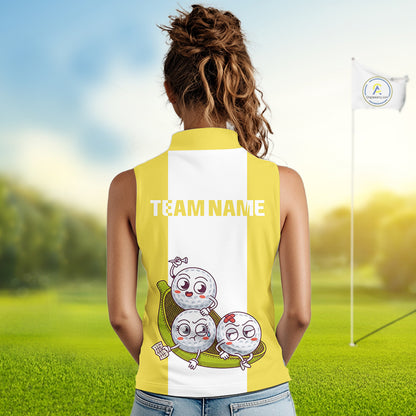Custom Yellow White Sleeveless Womens Golf Team Polo Shirt, Funny Golf Ball Family Design, Matching Team Outfit NHT790