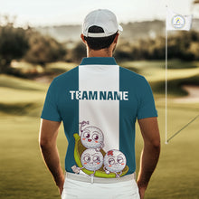 Load image into Gallery viewer, Mens Custom Blue Teal White Golf Team Polo Shirt, Funny Golf Ball Family Design, Matching Team Outfit NHT791