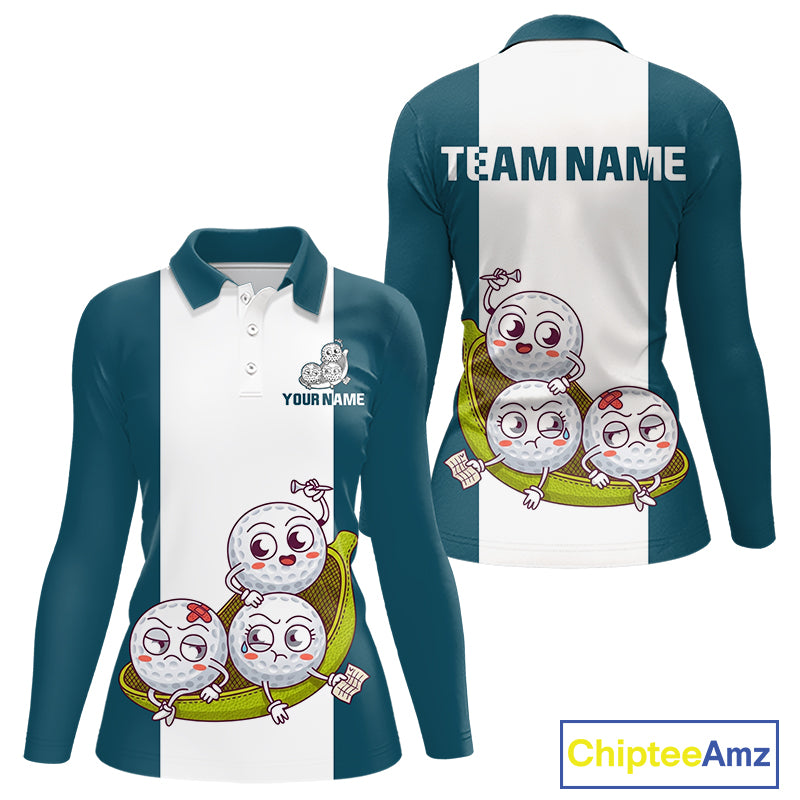 Custom Blue Teal White Womens Golf Team Polo Shirt, Funny Golf Ball Family Design, Matching Team Outfit NHT791