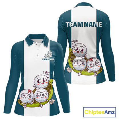 Custom Blue Teal White Womens Golf Team Polo Shirt, Funny Golf Ball Family Design, Matching Team Outfit NHT791