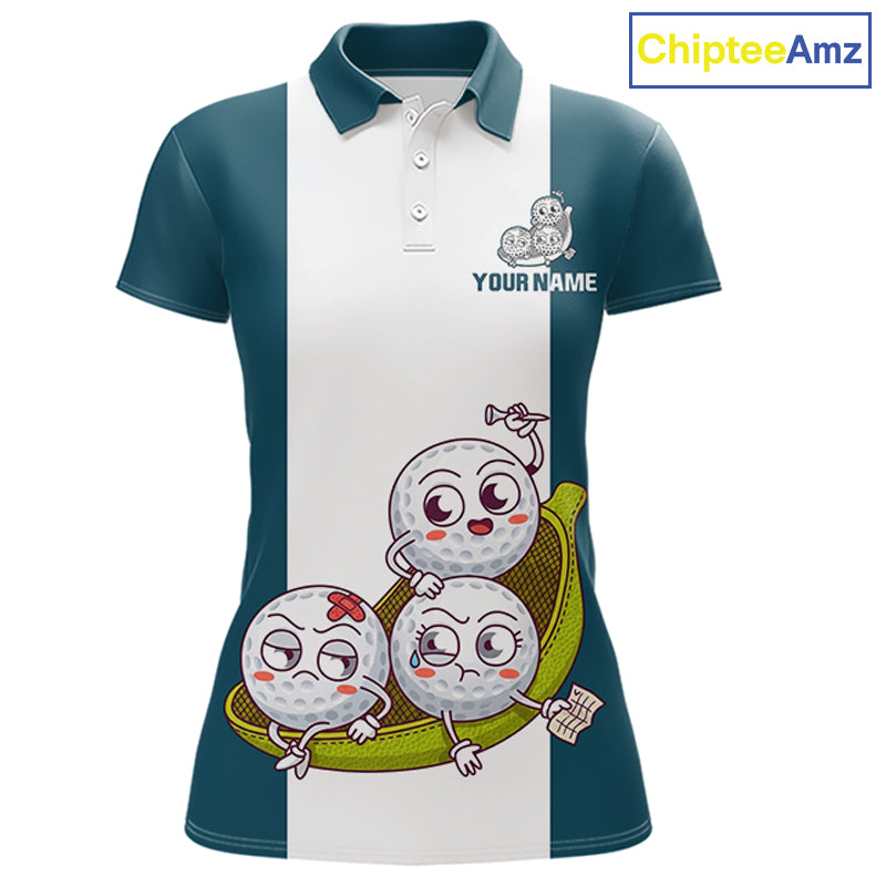 Custom Blue Teal White Womens Golf Team Polo Shirt, Funny Golf Ball Family Design, Matching Team Outfit NHT791
