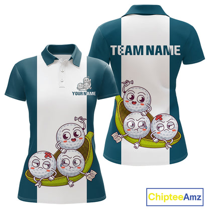 Custom Blue Teal White Womens Golf Team Polo Shirt, Funny Golf Ball Family Design, Matching Team Outfit NHT791