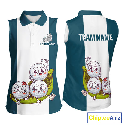 Custom Blue Teal White Sleeveless Womens Golf Team Polo Shirt, Funny Golf Ball Family Design, Matching Team Outfit NHT791