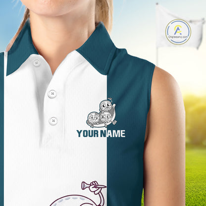 Custom Blue Teal White Sleeveless Womens Golf Team Polo Shirt, Funny Golf Ball Family Design, Matching Team Outfit NHT791