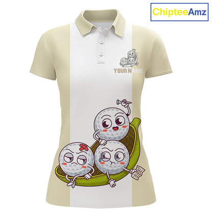 Custom Beige White Womens Golf Team Polo Shirt, Funny Golf Ball Family Design, Matching Team Outfit NHT792