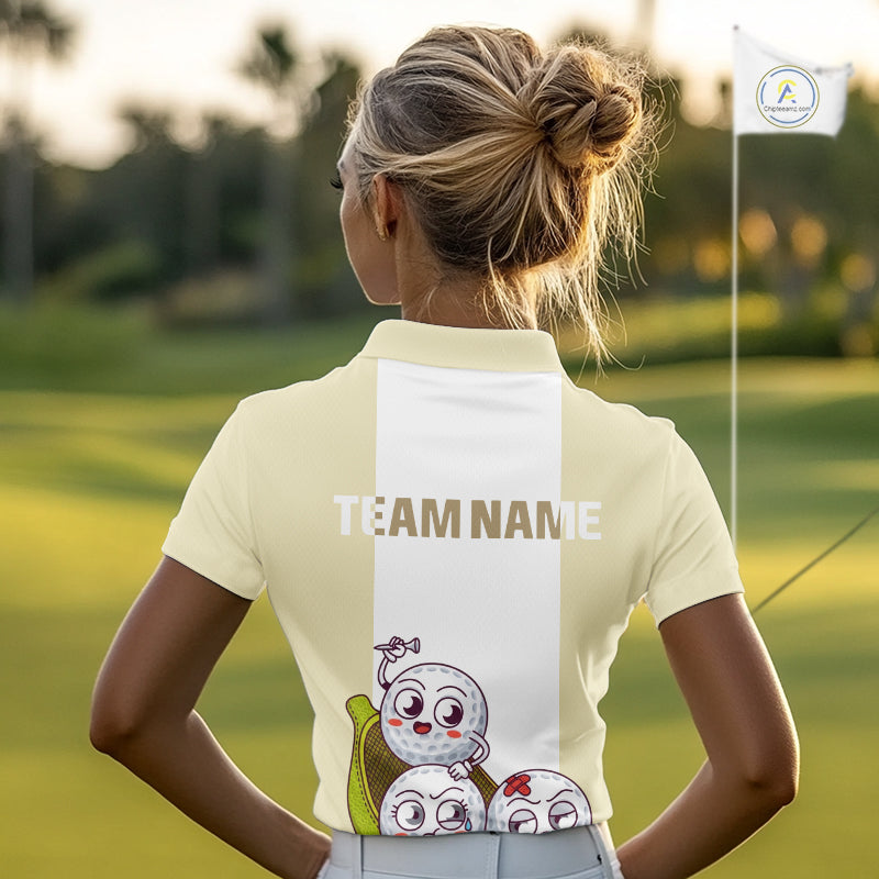 Custom Beige White Womens Golf Team Polo Shirt, Funny Golf Ball Family Design, Matching Team Outfit NHT792