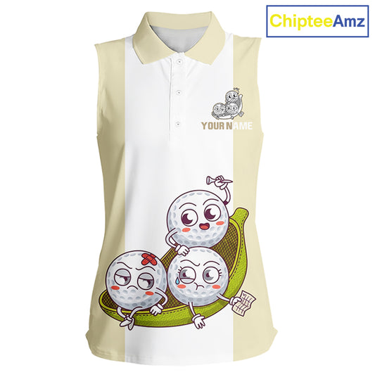 Custom Beige White Sleeveless Womens Golf Team Polo Shirt, Funny Golf Ball Family Design, Matching Team Outfit NHT792