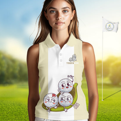 Custom Beige White Sleeveless Womens Golf Team Polo Shirt, Funny Golf Ball Family Design, Matching Team Outfit NHT792