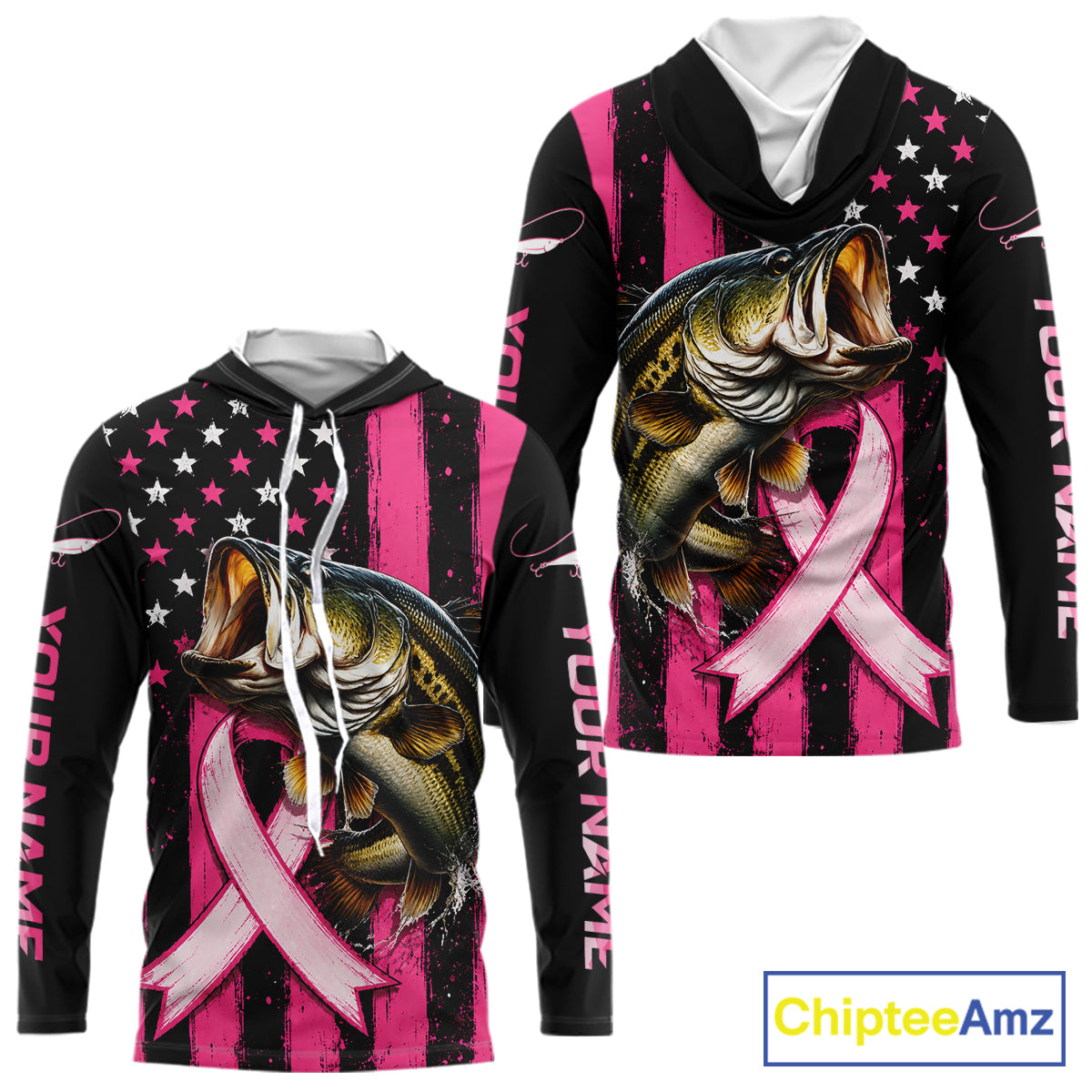 Front and back views of a custom black and pink pullover hoodie featuring a large bass fish graphic, a pink ribbon, and an American flag pattern with white stars. The hoodie has customizable text placeholders and is shown on a white background with a ChipteeAmz logo in the corner.