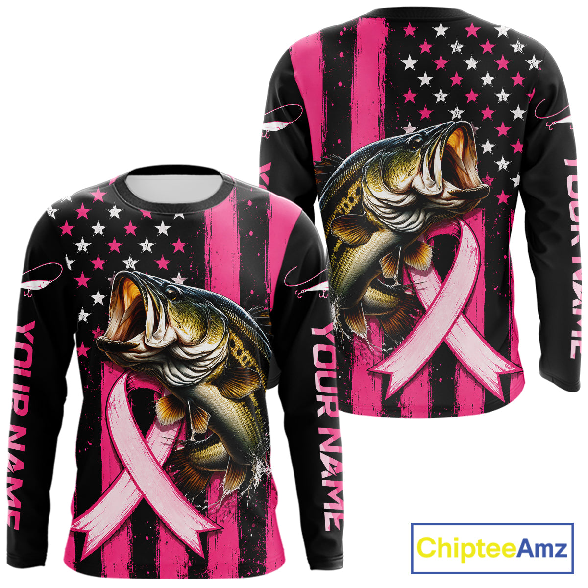 Front and back views of a long-sleeve graphic shirt on a white background. The shirt features a large fishing bass over a pink ribbon on a black and pink striped design with a US flag pattern on the upper back.