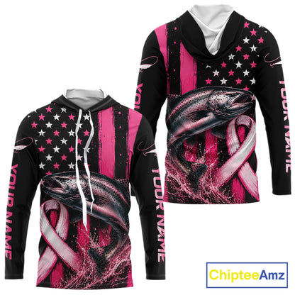 A custom long-sleeve hoodie shown from the front and back, featuring a black and pink American flag design with white stars, a large fish graphic, and pink awareness ribbons. The hood is black with a white interior lining and drawstrings.