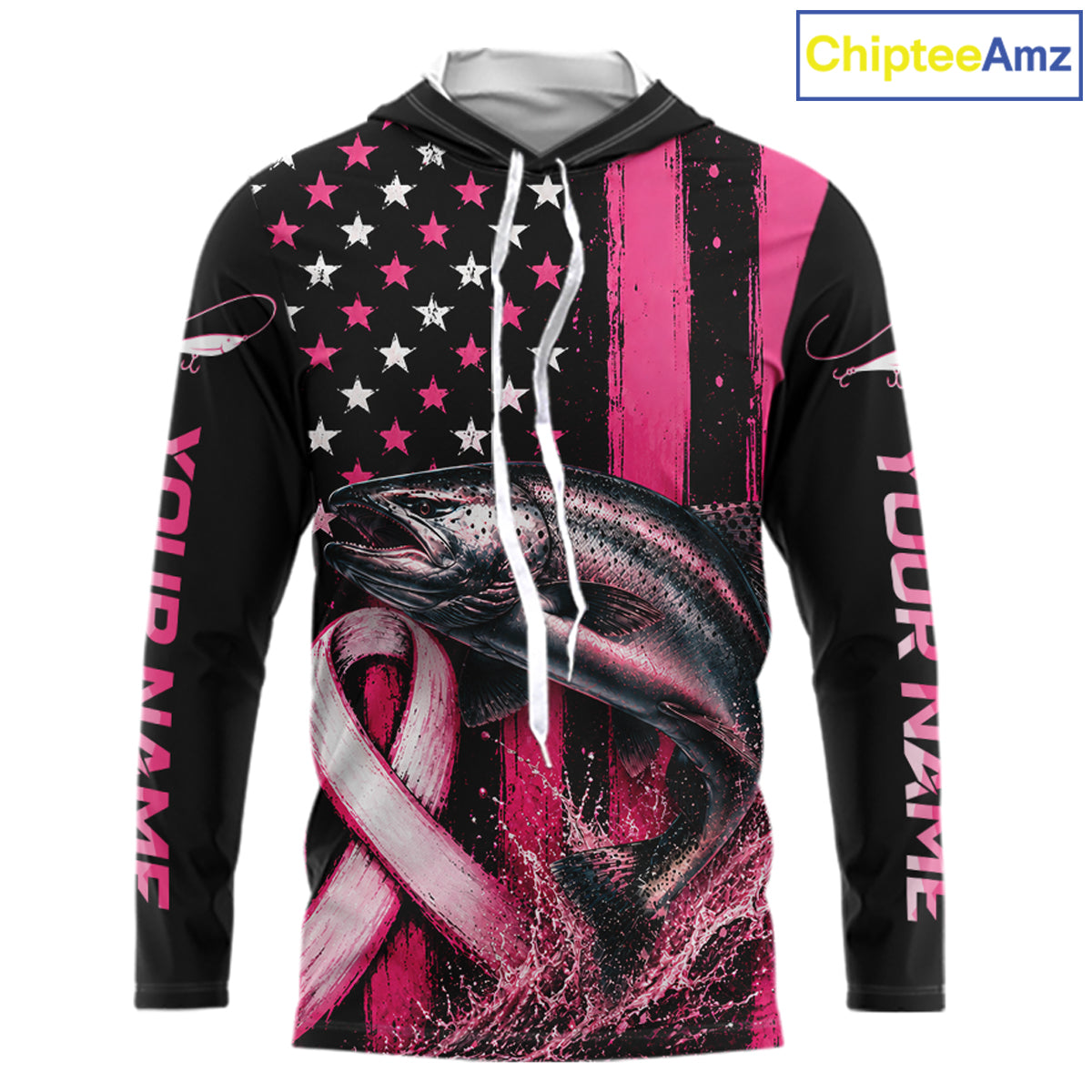 A long-sleeve hoodie with a black, pink, and white patriotic fish graphic, featuring a rainbow ribbon design and customizable text on the sleeves, shown on a white background with a ChipteeAmz logo in the top right corner.