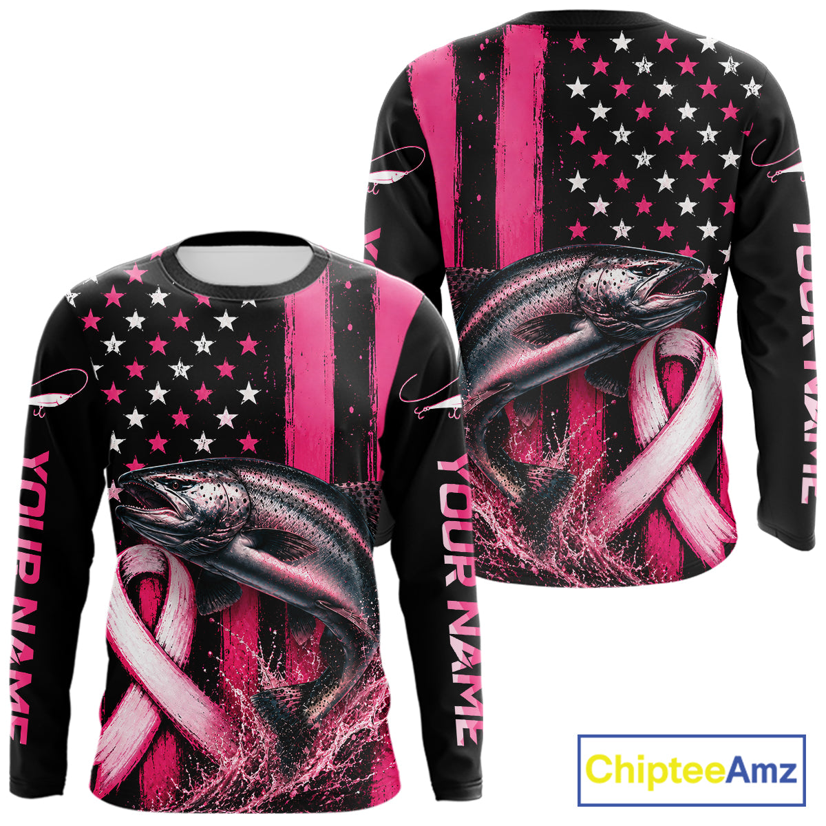 Front and back views of a long-sleeve custom fishing t-shirt on a white background. The shirt features a black and pink American flag design with white stars, a large pink and black rainbow trout graphic, and customizable text 'YOUR NAME' printed vertically on the sleeves.
