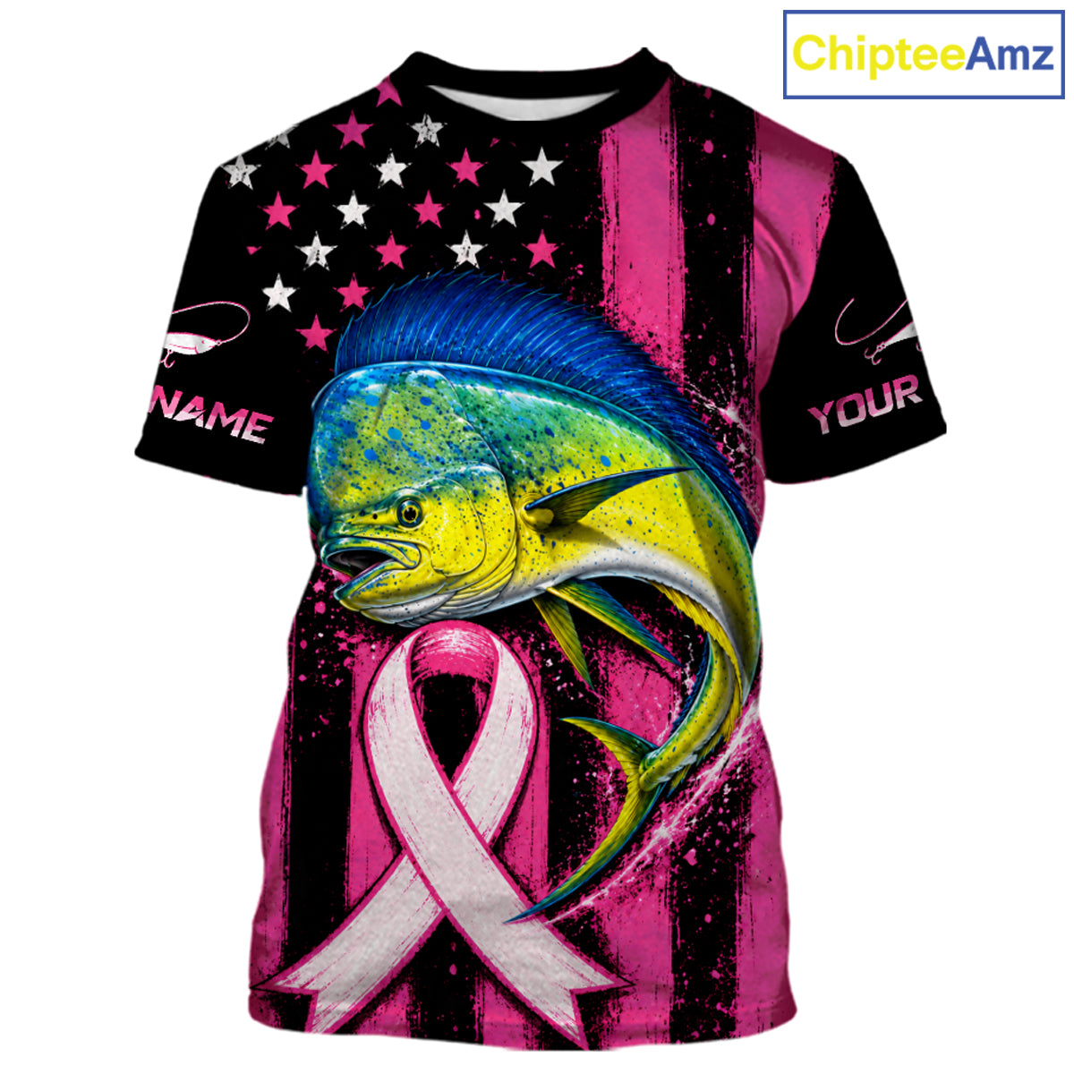 A customizable short-sleeve t-shirt with a 3D graphic print featuring a yellow and blue mahi-mahi fish over a pink and black striped background with a pink awareness ribbon. The shirt has placeholder text 'NAME' and 'YOUR' on the sleeves, and a 'ChipteeAmz' logo in the top right corner.