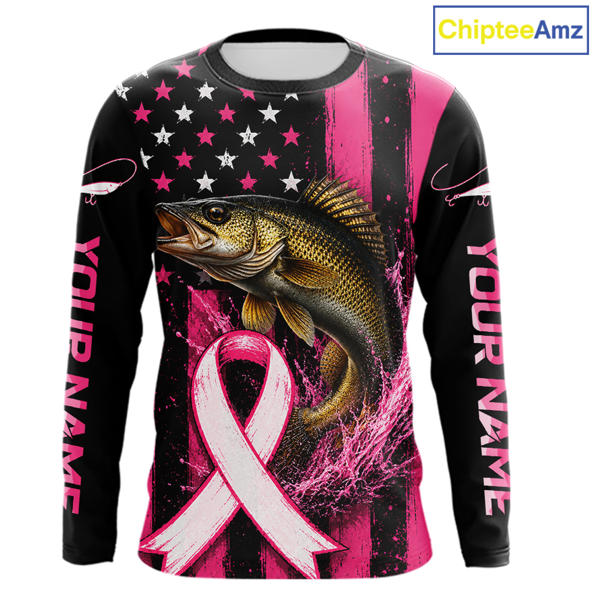 A long-sleeve custom graphic shirt featuring a large bass fish, a pink awareness ribbon, and a black-and-pink American flag design. The sleeves have placeholder text reading 'YOUR NAME' and a 'ChipteeAmz' logo appears in the top right corner.