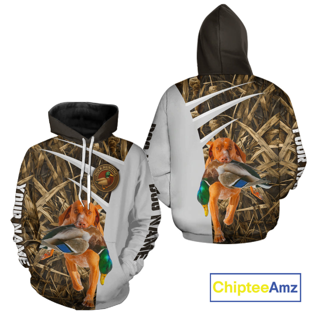 Mallard Duck Hunting Shirt Custom Name with Vizsla Dog Camo Hunting Clothes, Hunting Shirts NHT152