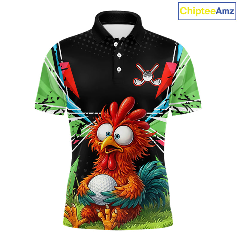 Personalized Crazy Rooster Golf Polo Shirt Green Abstract Geometric Golf Apparel for Men