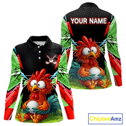 Personalized Crazy Rooster Golf Polo Shirt  Green Abstract Geometric Golf Apparel for Womens