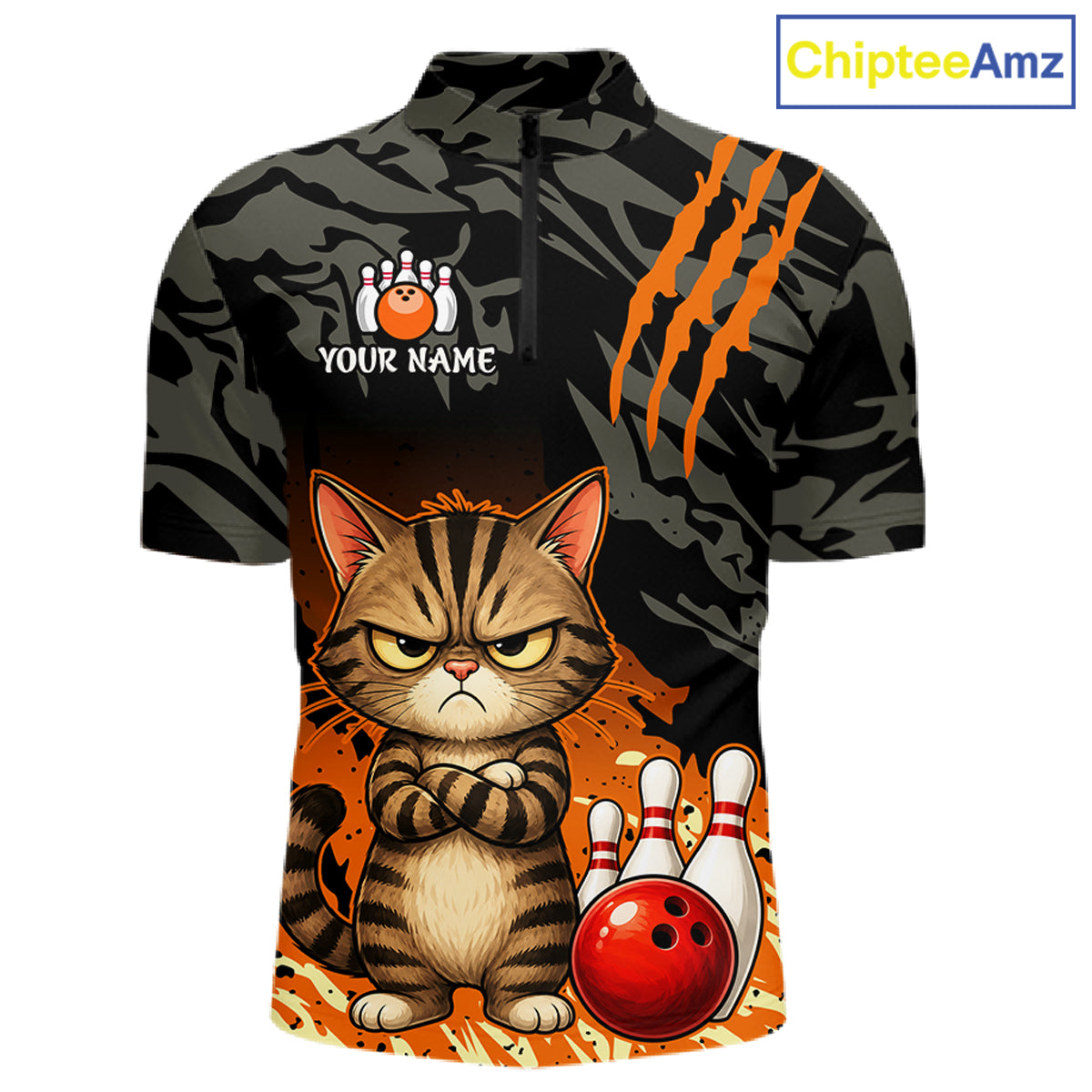 A short-sleeve quarter-zip bowling-themed shirt with a black and gray tiger-stripe camouflage pattern, featuring a cartoon grumpy cat, bowling balls, and bowling pins on the front. The brand name 'ChipteeAmz' is visible in the top right corner.