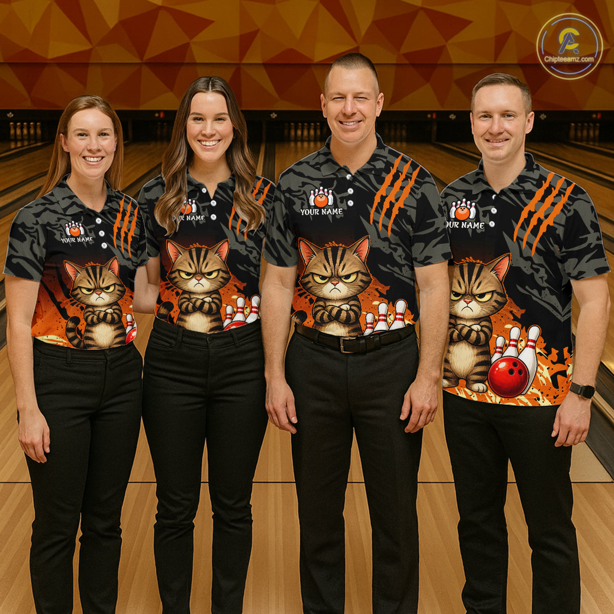 Funny Cat Bowling Shirt Custom Name Black Camo Orange Personalized Team Jersey For Women NHT1265