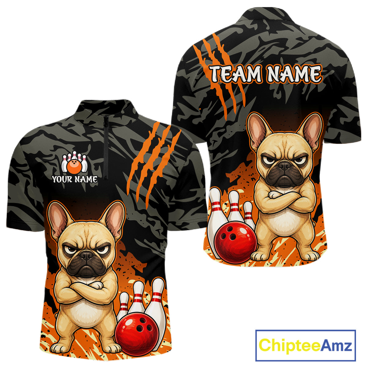Front and back views of a short-sleeve custom bowling shirt with a cartoon French bulldog, orange claw marks, bowling pins, and bowling balls on a black camouflage background. The front shows a paw print logo with placeholder text 'YOUR NAME' and 'TEAM NAME' on the back.