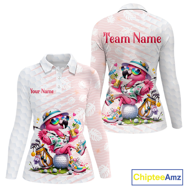 Funny Flamingo Golf Shirt With Pattern Pink Tropical – Personalized Name & Team Custom Polo For Womens NHT597