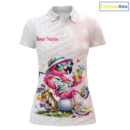Funny Flamingo Golf Shirt With Pattern Pink Tropical – Personalized Name & Team Custom Polo For Womens NHT597