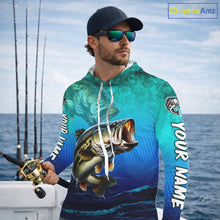 Load image into Gallery viewer, Teal and blue fishing-themed hoodie with a large mouth bass design on a white background.