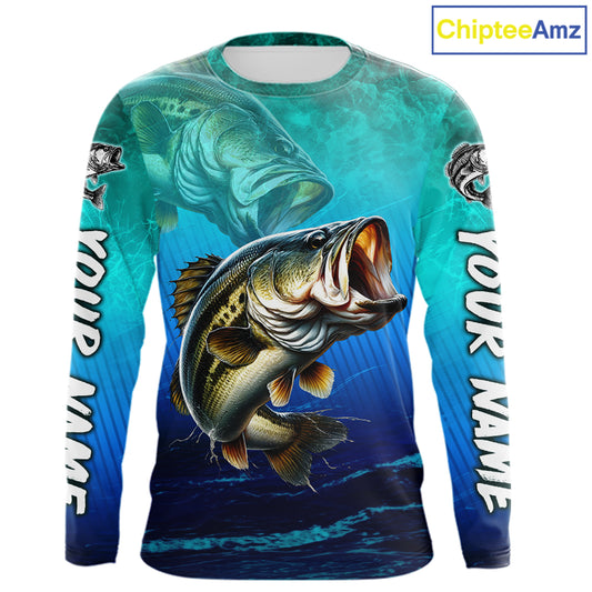 Custom Name Teal Blue Bass Fishing Jersey - Personalized 3D Long Sleeve Fishing Shirt For Men