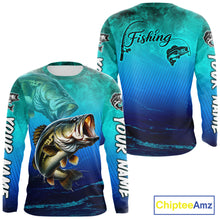 Load image into Gallery viewer, Custom Name Teal Blue Bass Fishing Jersey - Personalized 3D Long Sleeve Fishing Shirt For Men
