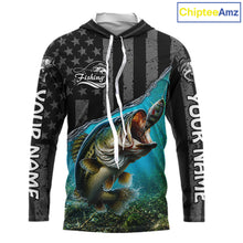 Load image into Gallery viewer, Gray Blue Bass Custom Long Sleeve Hooded Fishing Shirts, Bass Fishing Jerseys