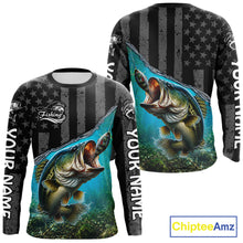 Load image into Gallery viewer, Gray Blue Bass Custom Long Sleeve Fishing Shirts, Bass Fishing Jerseys
