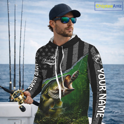 Gray Green Bass Custom Long Sleeve Hooded Fishing Shirt, American Flag Patriotic Bass Fishing Jersey NHT974